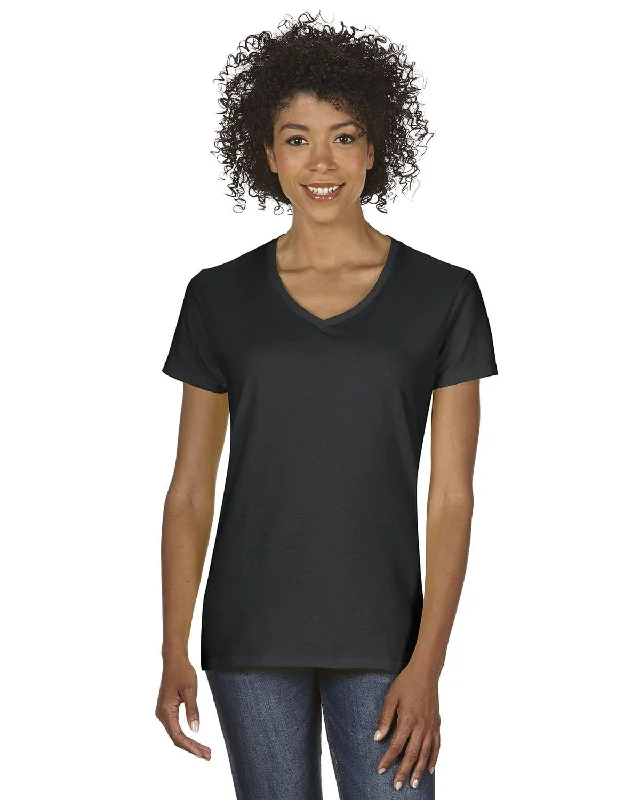 Gildan Ladies Heavy Cotton 5.3 oz. V-Neck T-Shirt | Black Chenille Brocade Lace