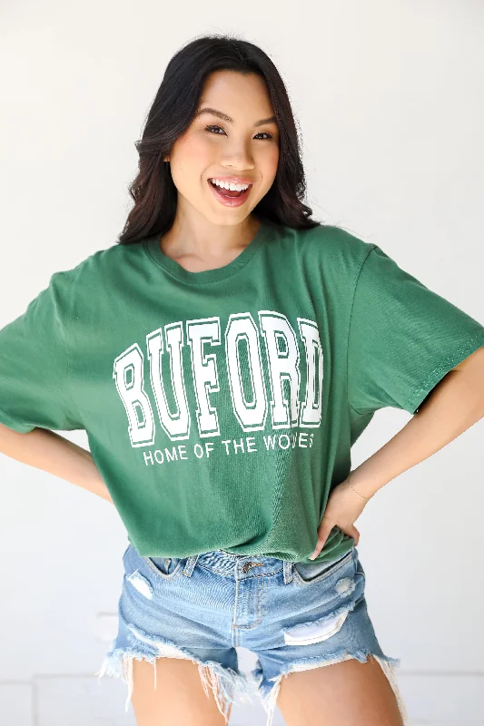 Green Buford Home Of The Wolves Tee Basic T-Shirt Crew Neck Short Sleeve