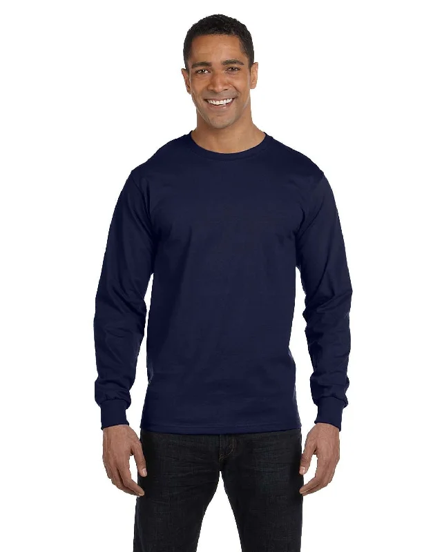 Hanes Long Sleeve Beefy-T T-Shirt | Navy Front Pockets Side Pockets Patch Pockets