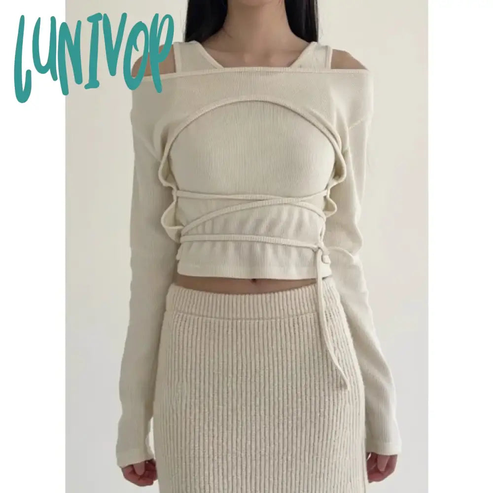 Lunivop 2024 autumn For Women Crop Tops Vintage Korean Retro High Street 2 pieces sets Screw Thread T-Shirt Streetwear Tee Shirt Wool Fabric Cashmere Fabric Tweed Fabric