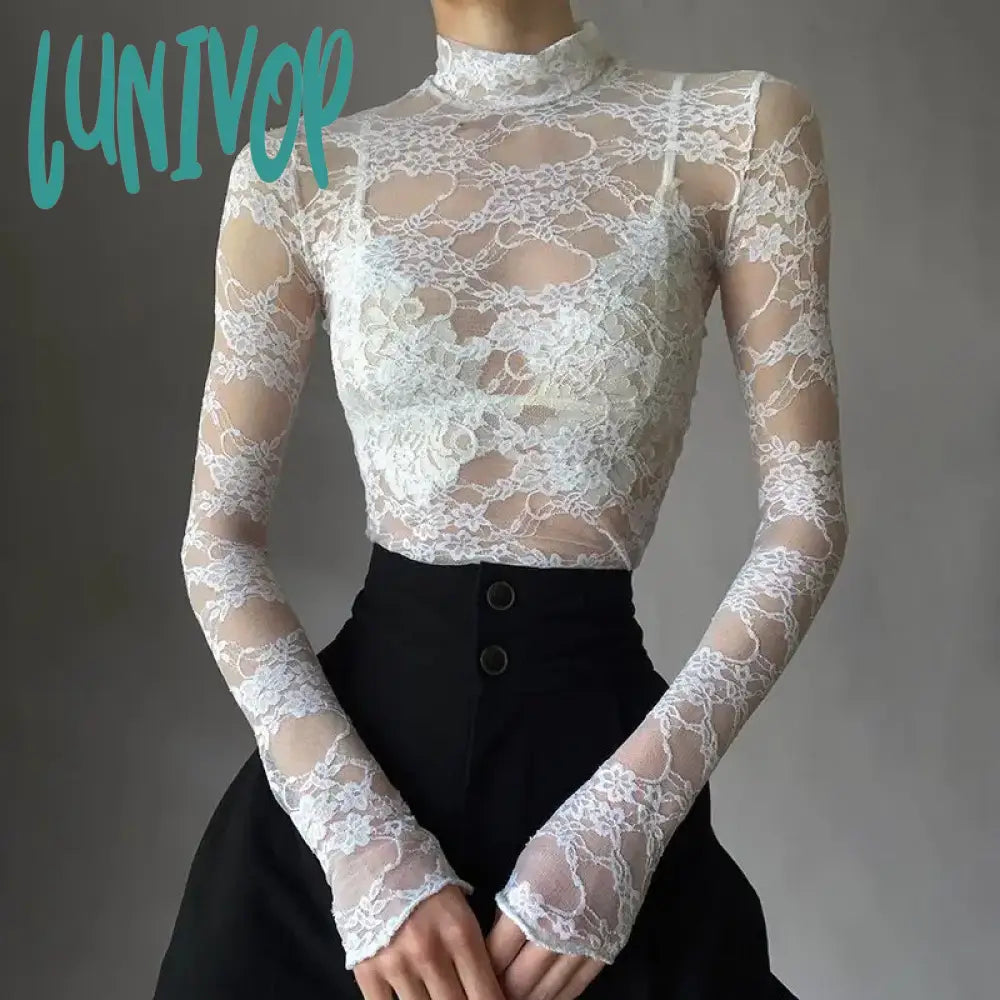 Lunivop Elegant Chic White Lace T-shirt Woman Vintage y2k Turtleneck Full Sleeve Transparent Crop Top Slim Fit Shirt Ladie Print Jacquard Patchwork