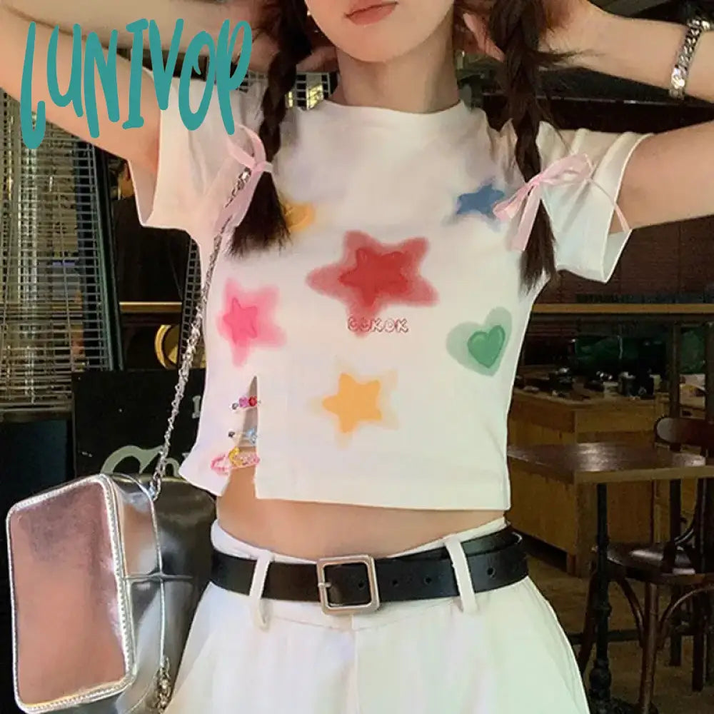 Lunivop Japanese Kawaii T-shirt Y2k Aesthetic Star Print Short Sleeve Tshirt E-girl 2000s Crop Top Slim Harajuku Split Fairy Chic Tees Houndstooth Herringbone Solid