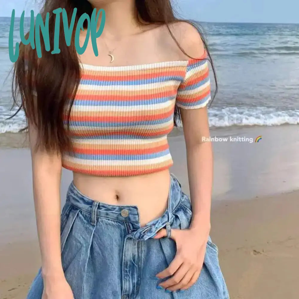 Lunivop Line-neck Striped Knit Ice Silk Off-shoulder Summer Slimming Women Short-sleeved Striped Outerwear Top Sexy Girls T-shirt Cozy Warm Stylish