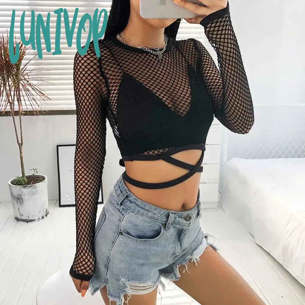 Lunivop O Neck Transparent Long Sleeve Mesh Crop Top Women Crew Neck Fish Net Sheer T-shirt Tops Female For Party Club Cozy Warm Stylish