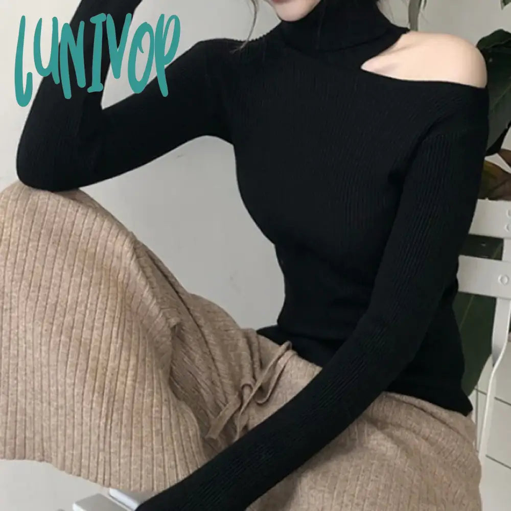 Lunivop Turtleneck Off Shoulder Long Sleeve T-shirt Women's Slim Sweater Autumn Korean Style Hollow Out Tops Front Pockets Side Pockets Patch Pockets