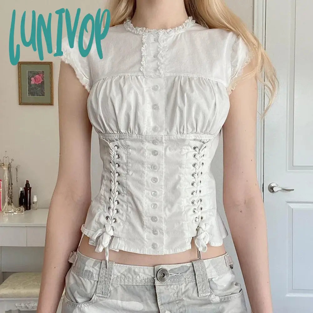 Lunivop Woman All-match Mesh Design T-Shirts Chic Pleated Tees Korean Crop Vintage Crochet Ins Single Breasted Tops Ripped Hole Bandage Welt Pockets Slit Pockets