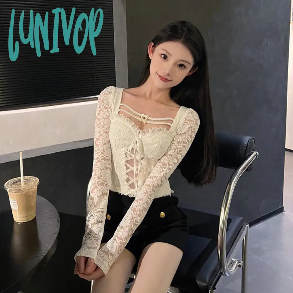 Lunivop Y2K White Lace Women Sexy Tops T-shirt Lolita Cute Slim Long Sleeve All-Match Casual Bottoming Shirt Sweet New Korean Style Solid Print Embellished