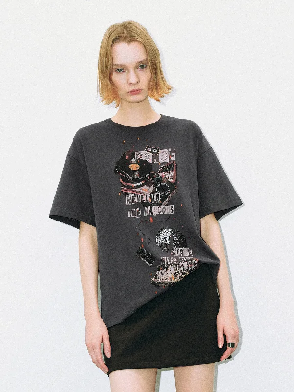 Printed Crew Neck Loose T-Shirt Anti-Pilling Machine Wash Handmade