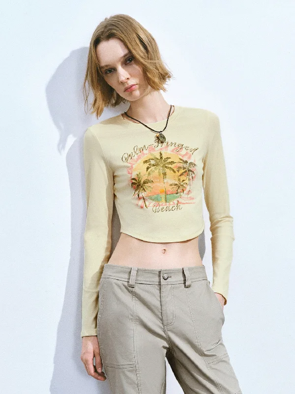 Printed Crew Neck Skinny T-Shirt Asymmetrical Pockets Print