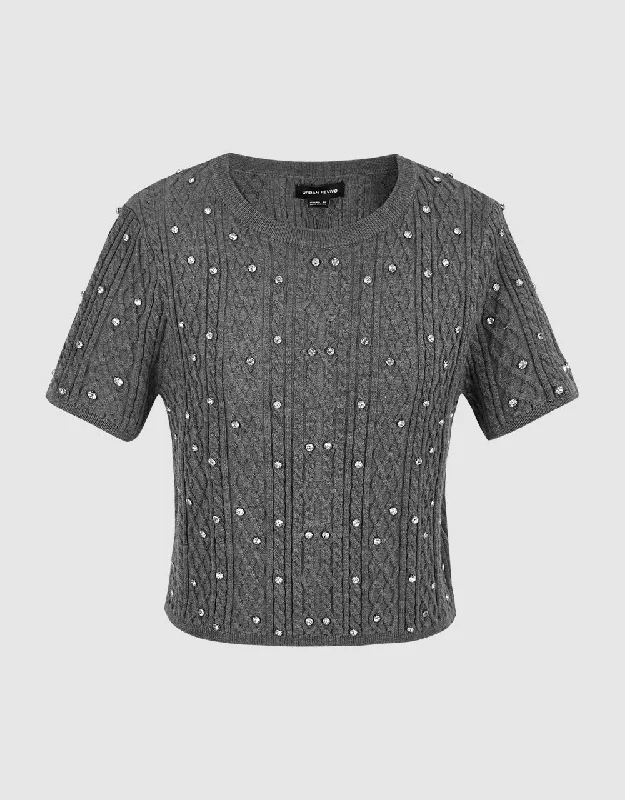 Rhinestone Décor Crew Neck Knitted T-Shirt Graphic Embroidered Appliqued