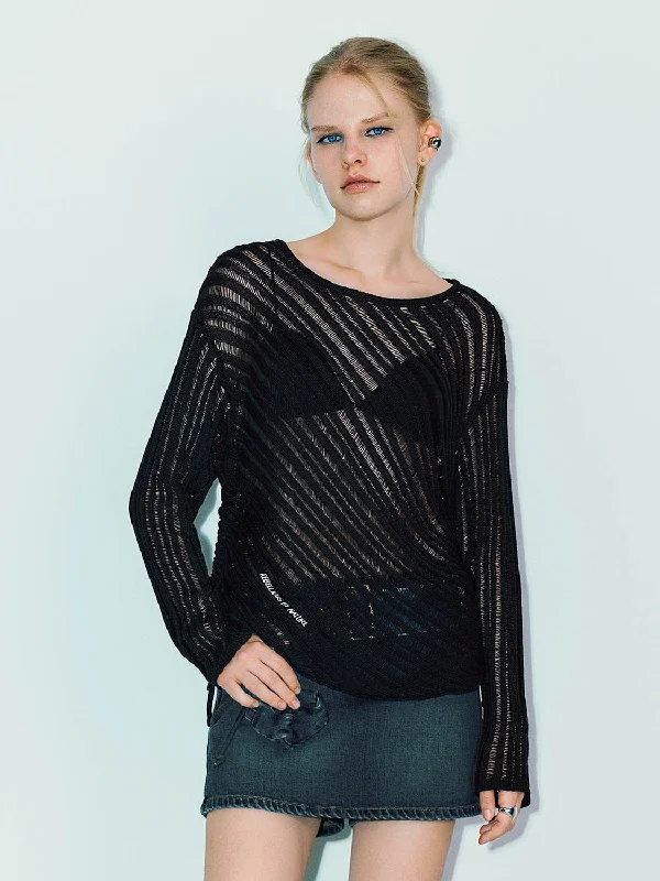 Sheer Crew Neck Knitted T-Shirt Chenille Brocade Lace