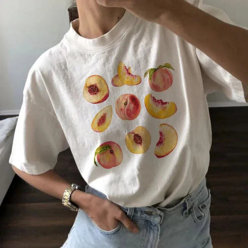 Vintage Peaches Printed Graphic Tees Women Cute Cottagecore Aesthetic T-Shirts Short Sleeve Female Retro Grunge Tops Clothes Solid Print Embellished