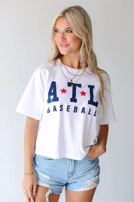 White ATL Star Baseball Cropped Tee Solid Print Embellished