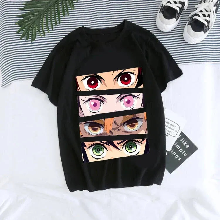 Women T-shirt Kaus Grafis Anime Demon Slayer Uniseks Tanjirou Kamado Kaus Wanita Kimetsu No Yaiba Nezuko Kaus Wanita Welt Pockets Slit Pockets Flap Pockets