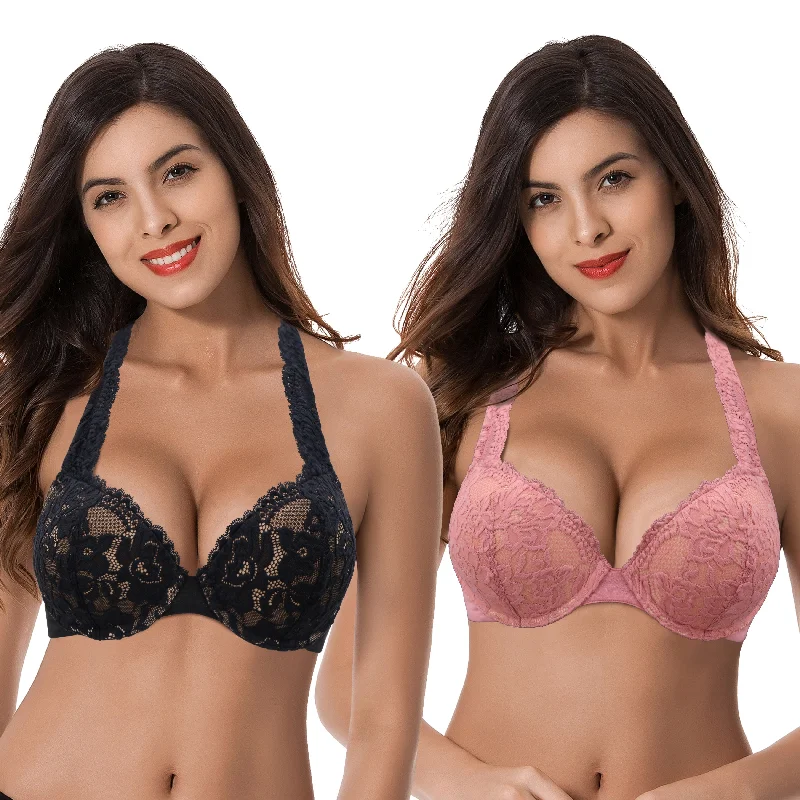 Women's Plus Size Add 1 and a half Cup Push Up Underwire Convertible Lace Bras Full Coverage Bra