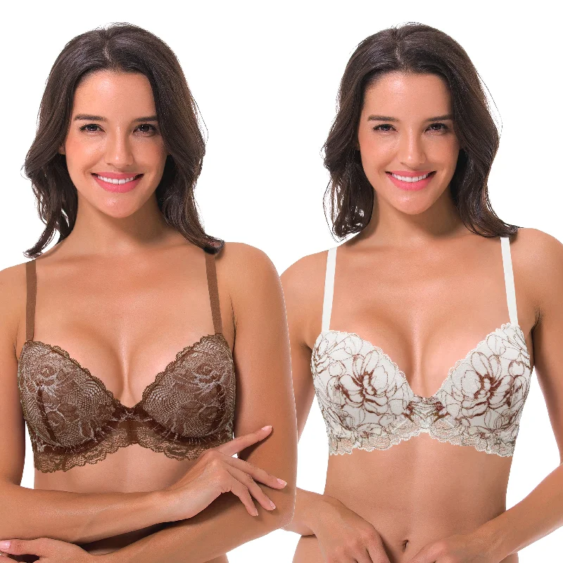 Women's Underwire Plus Size Push Up Add 1 and a Half Cup Lace Bras Comfortable Lace Bralette