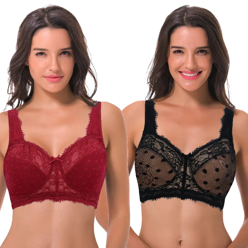 Women's Plus Size Minimizer Lace Full Coverage Unlined Wireless Bra Lace-Trimmed Bra