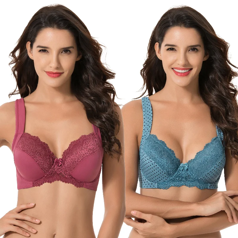 Women's Plus Size Unlined Underwire Lace Bra with Cushion Straps Cozy Wire-Free Bra