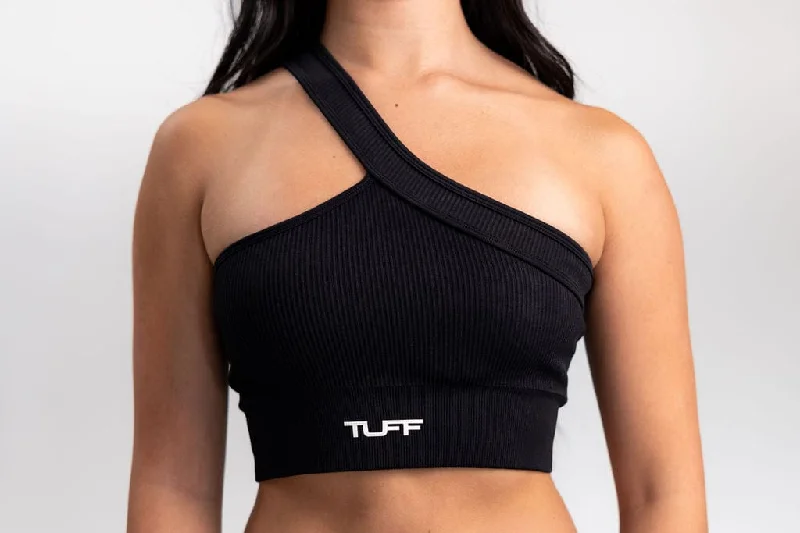 Classic Ribbed One Shoulder Sports Bra - Black Breathable Full Coverage