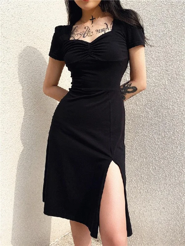 Dark Academia Leg Split Midi Dress Stylish Vintage Midi Dress