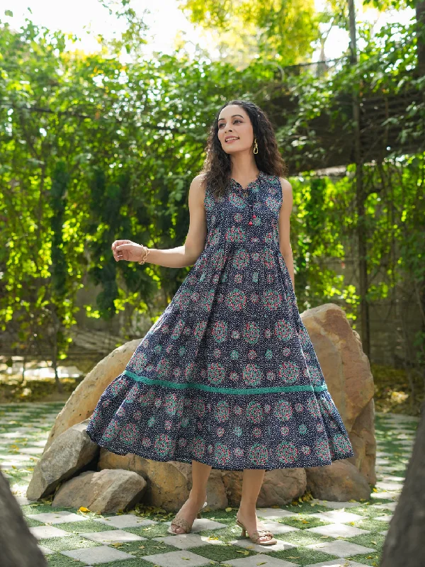 Floral Printed Tie Up Neck Pure Cotton Fit & Flared Midi Dress Stylish Cold Shoulder Midi Dress