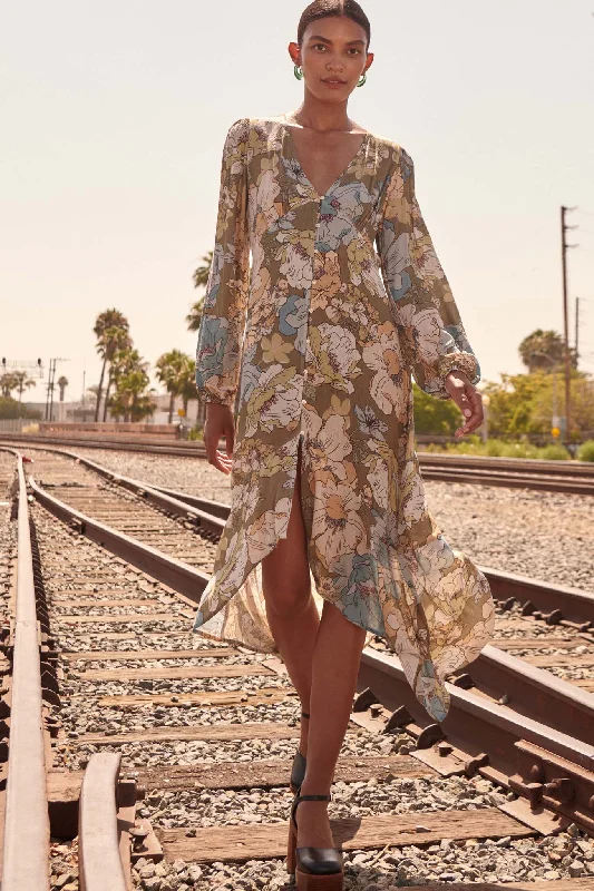 Heirloom Garden Floral High-Low Midi Dress Comfortable Denim Midi Dress