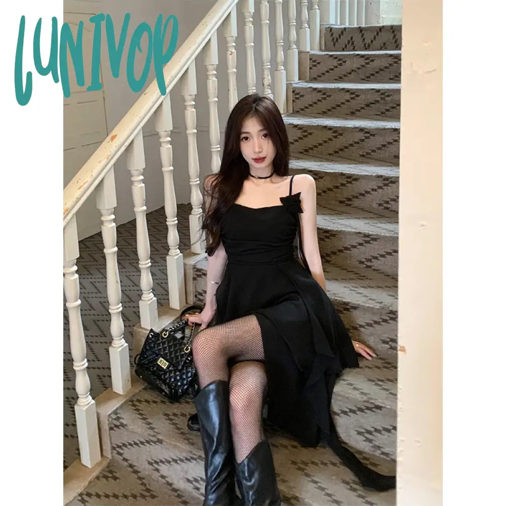 Lunivop Y2K Irregular Midi Dress Women Gothic Black Sexy Strap One Pieces Dresses Korean Party Prom Elegant Bodycon Vestidos New Fashionable Sheer Sleeve Midi Dress