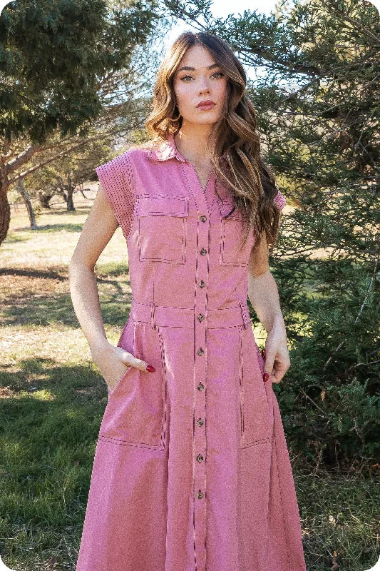 Lynee Top-Stitch Sleeveless Linen Midi Dress Stylish Striped Midi Dress