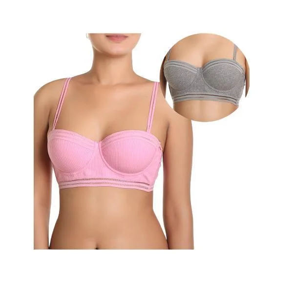 Pack Of 2 Cotton Ribbed Pushup Bras Push-Up Wireless Bra