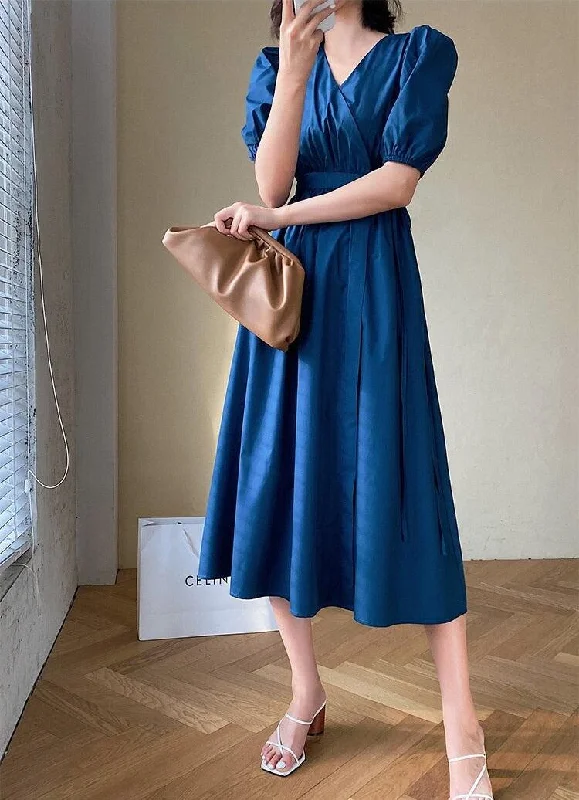 Puff Sleeve Wrap Midi Dress Elegant V-Neck Midi Dress