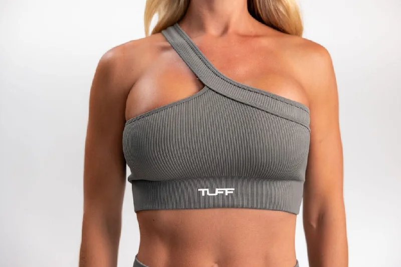 Classic Ribbed One Shoulder Sports Bra - Gray Sporty Compression Bra