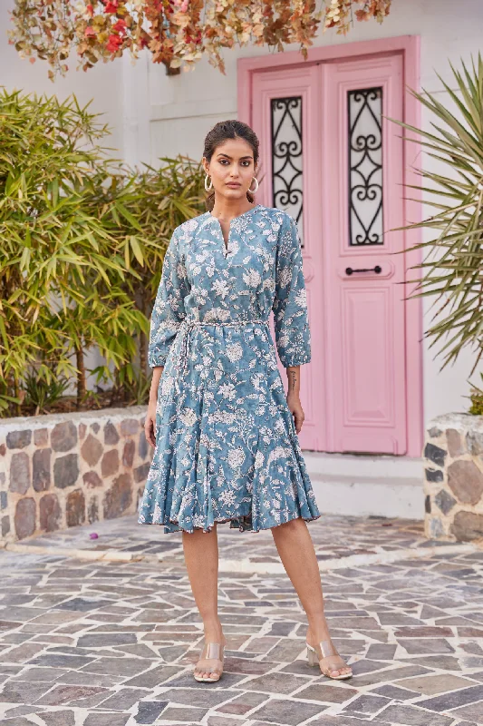 Turquoise Hand Block Print Fit And Flare Midi Dress Stylish Long Sleeve Floral Midi Dress