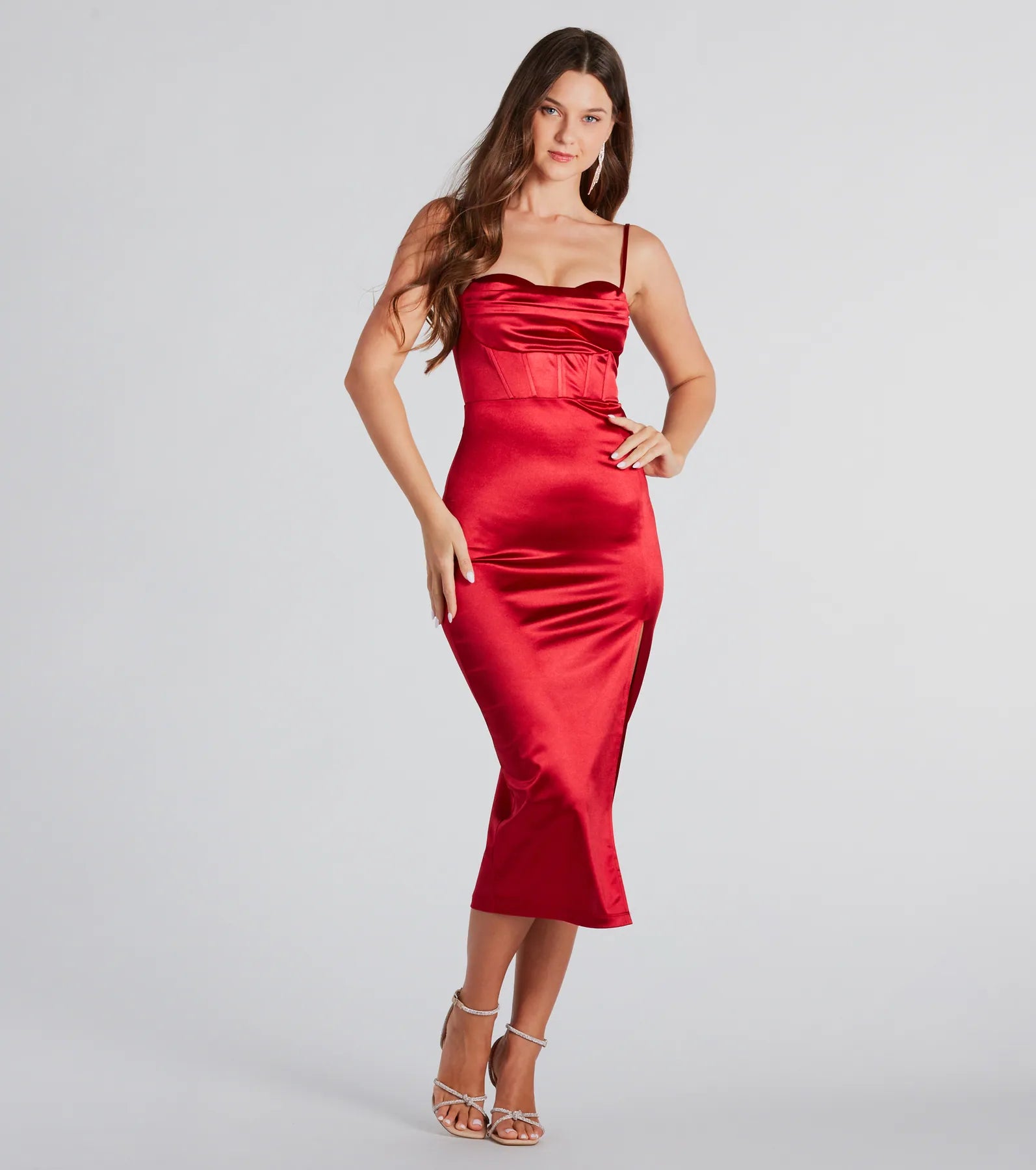 Alena Formal Satin Cowl Neck Midi Dress Comfortable Ruched Midi Dress