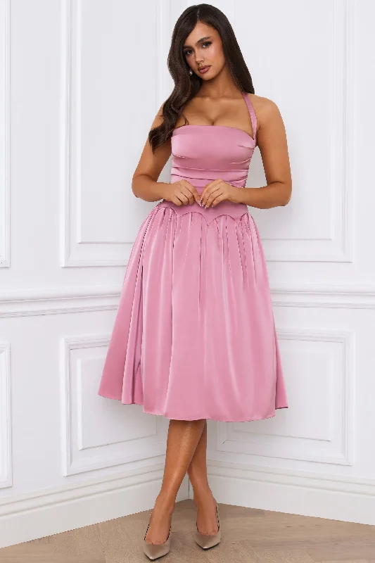 Halterneck Lace-Up Ruched Corset Midi Dress in Mauve Trendy Smocked Waist Midi Dress