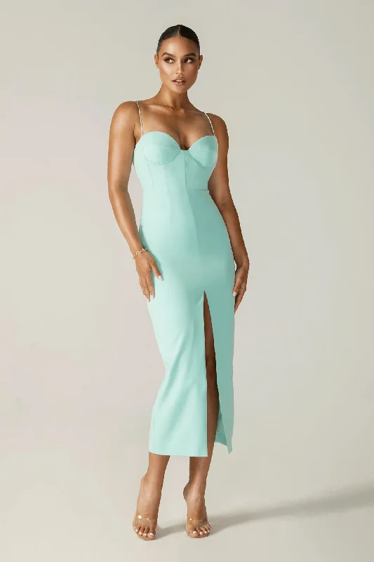 Arica Spaghetti Straps Midi Dress (Sky Blue) Comfortable Stretch Midi Dress