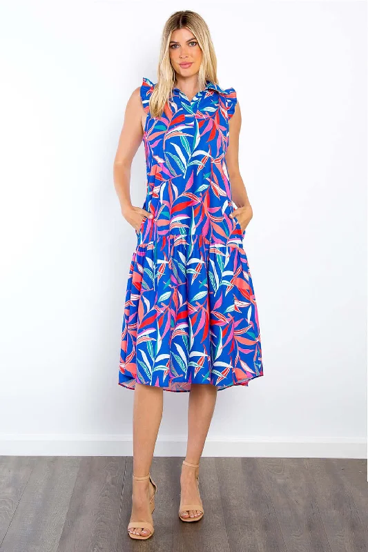 Print Ruffled Midi Dress with Pockets Elegant V-Neck Midi Dress