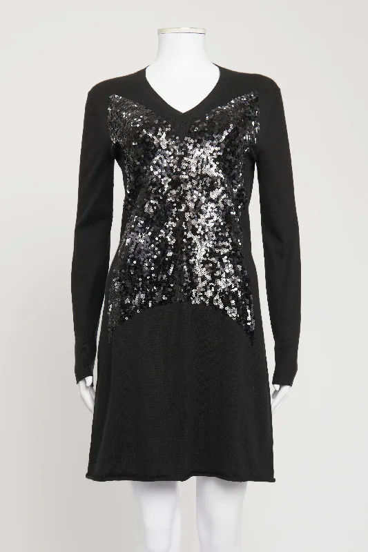 Black Cashmere and Silk Preowned Sequin Embroidered Mini Dress Fashionable A-Line Mini Dress