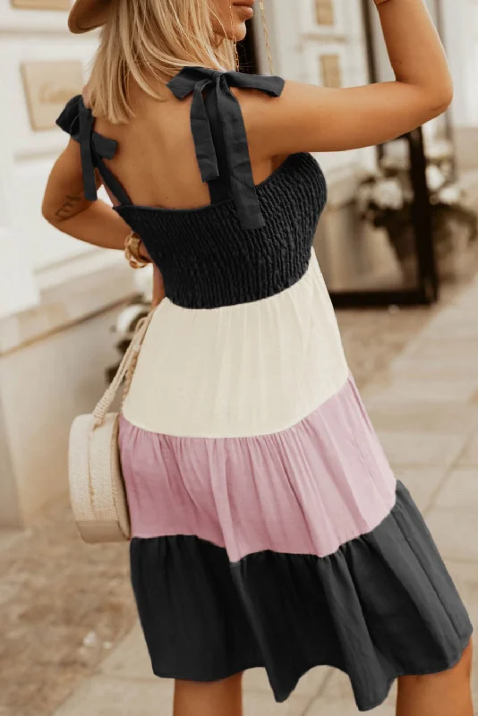 Black Multicolor Smocked Color Block Sleeveless Mini Dress Fashionable Pleated Mini Dress