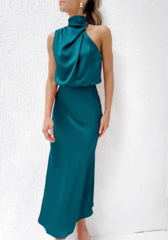 Blue Satin Drape Asymmetric Strap Midi Dress Cozy A-Line Midi Dress