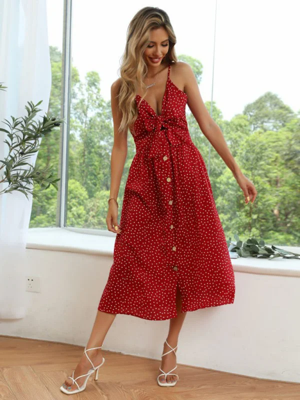 Blue Zone Planet |  Polka-dot lace-up bow A-line Spaghetti Strap Midi dress Stylish High-Waisted Midi Dress