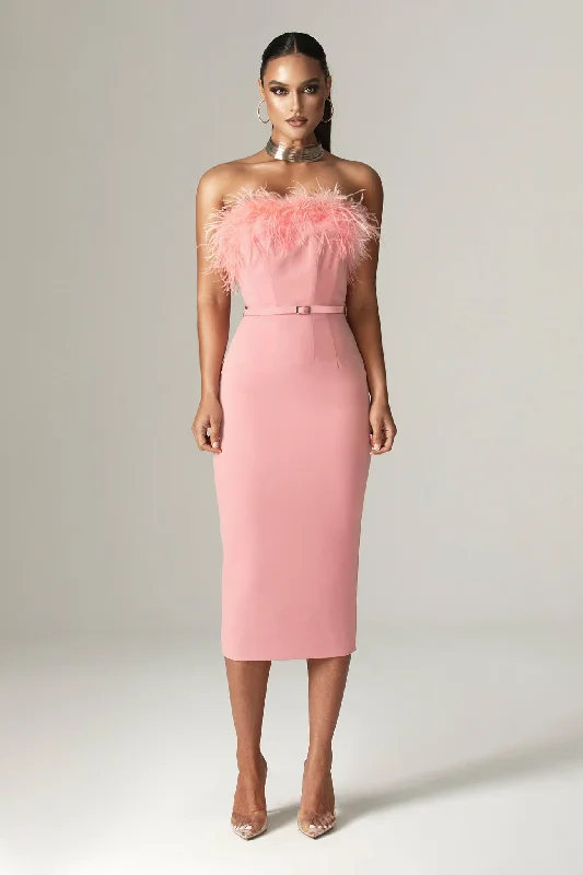 Carmen Strapless Corset Belted Midi Dress (Blush Pink) Chic Lace Detail Midi Dress