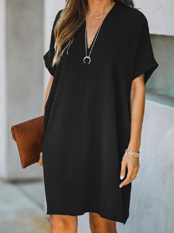 Casual Mini Dress V-neck Loose Short Sleeve Solid Casual Cozy Sweater Mini Dress