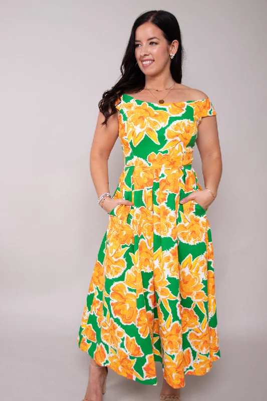 Citrus Blossom Midi Dress - FINAL SALE Trendy Flared Sleeve Midi Dress