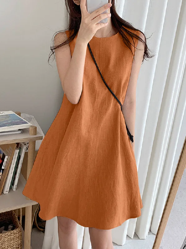 Cotton Pure Color Round Neck Sleeveless Casual Women Mini Dress Casual High-Waist Mini Dress