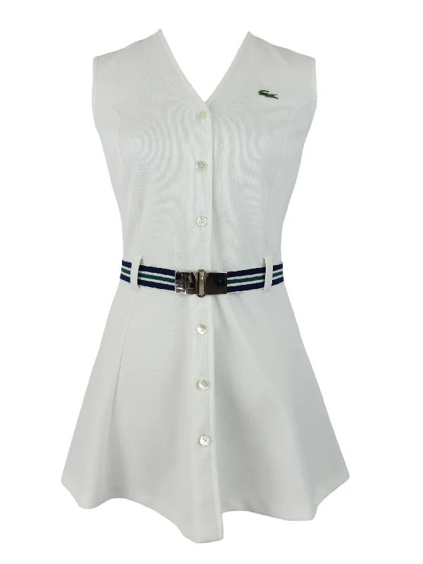 Vintage 80s Lacoste Preppy White Crimplene Sleeveless Tennis A-Line Circle Mini Dress with Striped Elasticated Buckle Belt Cozy Wraparound Mini Dress