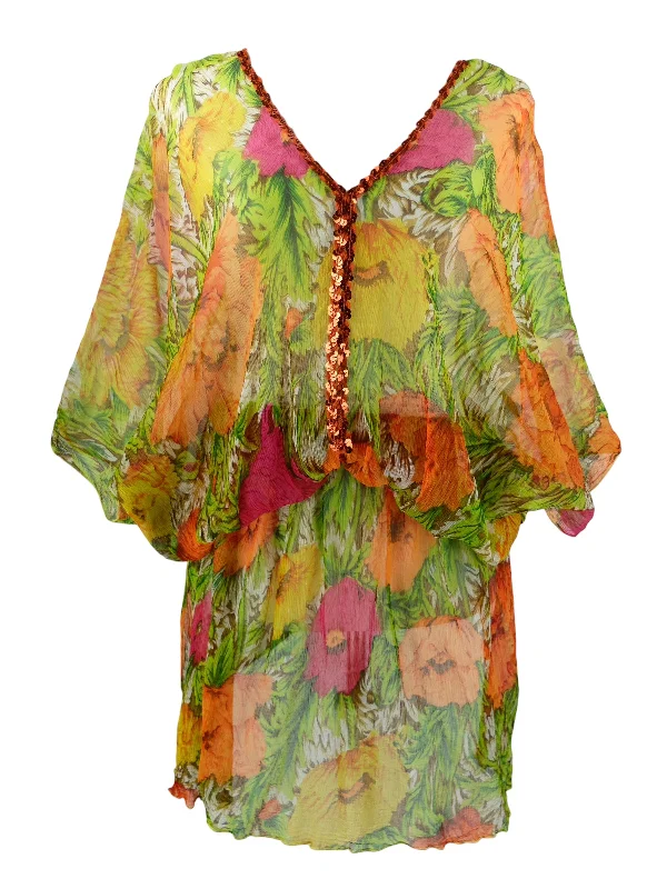 Vintage 2000s Y2K Silk Bohemian Hippie Sheer V-Neck 3/4 Butterfly Sleeve Mini Dress Tunic with Cinched Waist & Sequin Detail | Size S Fashionable Lace Mini Dress