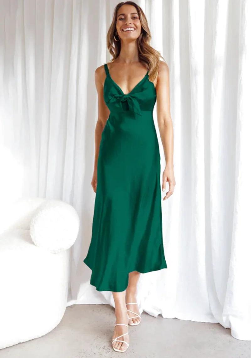 Emerald Green Satin Midi Dress Comfortable Adjustable Strap Midi Dress