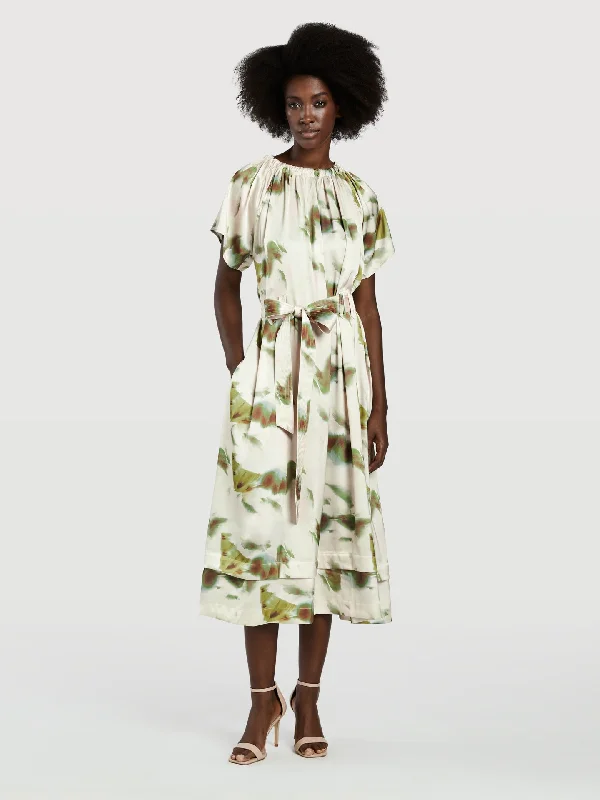 Faded Print Midi Dress Stylish Off-Shoulder Ruffle Dress