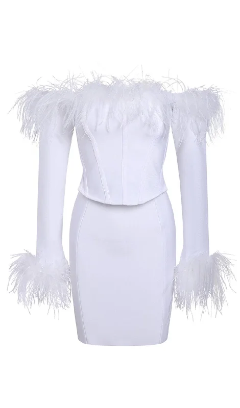 FEATHER CORSET MINI DRESS IN WHITE Stylish Ruffle Mini Dress