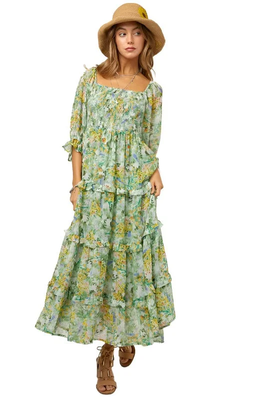 Floral Chiffon Midi Dress Fashionable High-Low Midi Dress